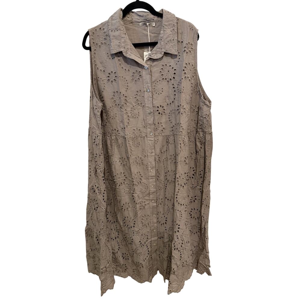 Valentina Naldi Italian Eyelet 100% Cotton Sleeveless Midi Dress Taupe Sz 3X